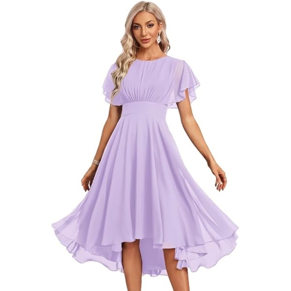 Elegant Lilac High-Low Flutter Sleeve Dress